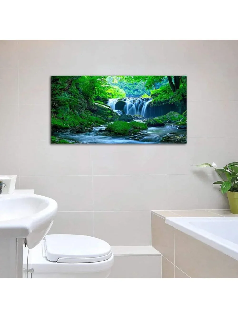 Calming Green Nature Landscape Canvas Art - Waterfall Wall Decor for Home